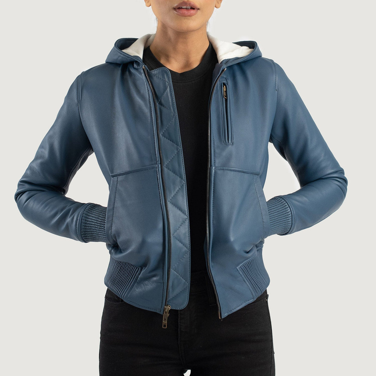 
Women's Luna Blue Hooded Leather Bomber Jacket in Blue Sheepskin Leather - Front Profile View & Tailored Silhouette | Buy Online