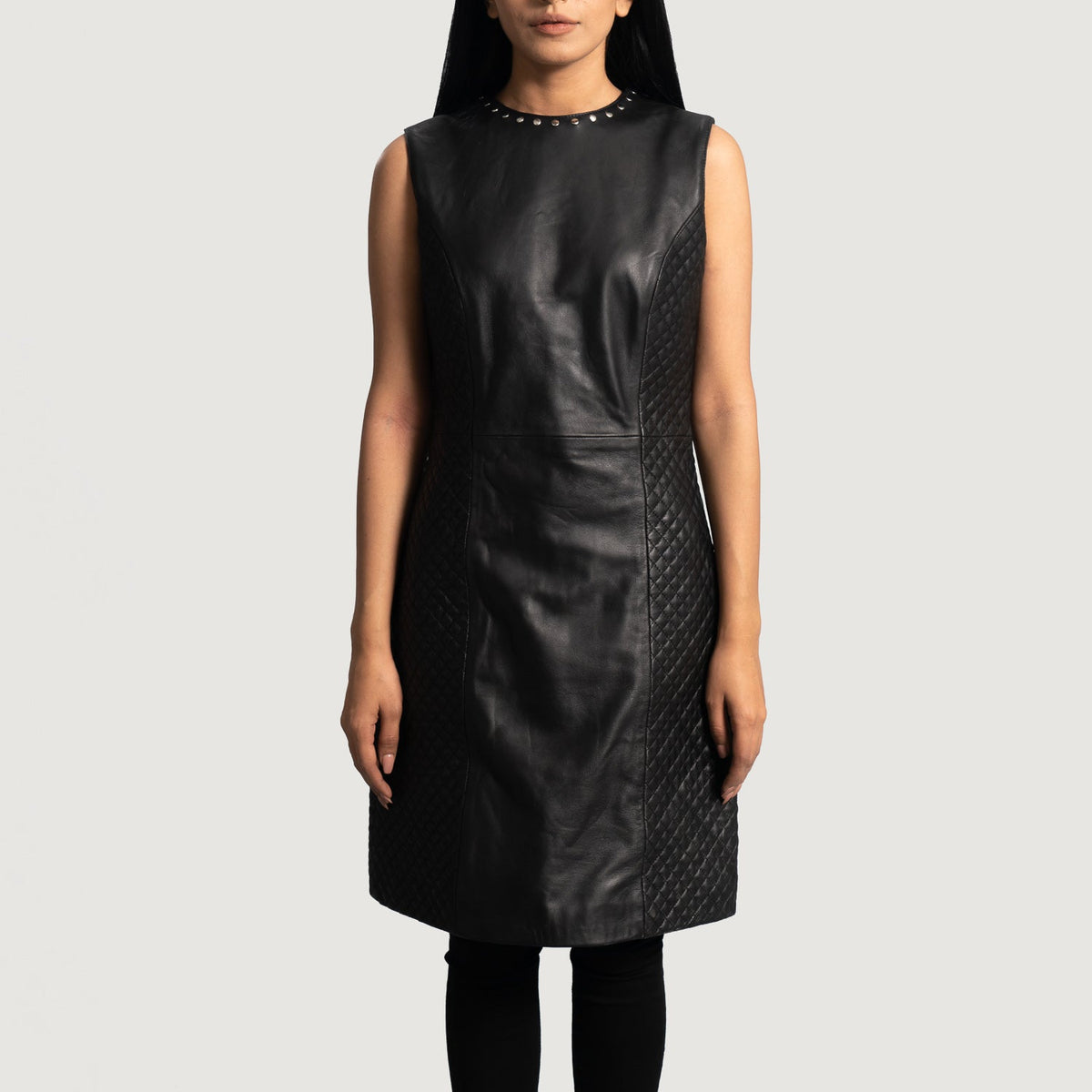 
Women's Luxe Black Leather Dress in Black Sheepskin Leather - Front Profile View & Tailored Silhouette | Buy Online