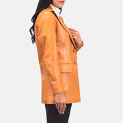 
Close-Up Detail of Notch & Leather Buttons Hardware on Women's Marilyn Tan Brown Leather Blazer