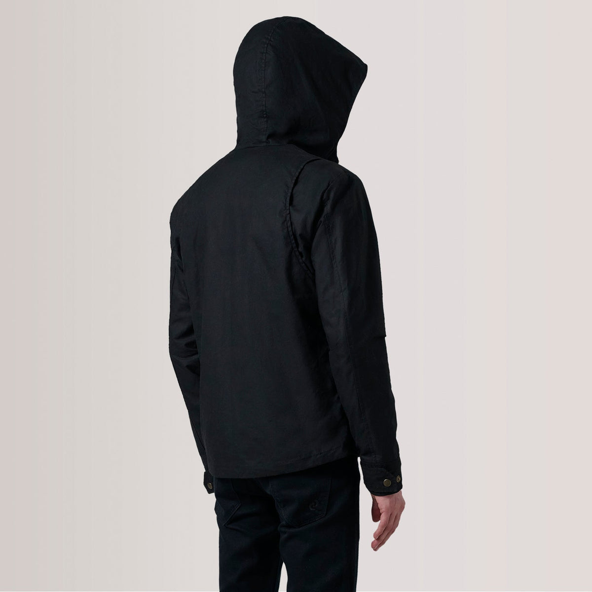 
Close-Up Detail of Hooded & Zipper with placket Hardware on Marlo Black Canvas Hooded Work Jacket For Men