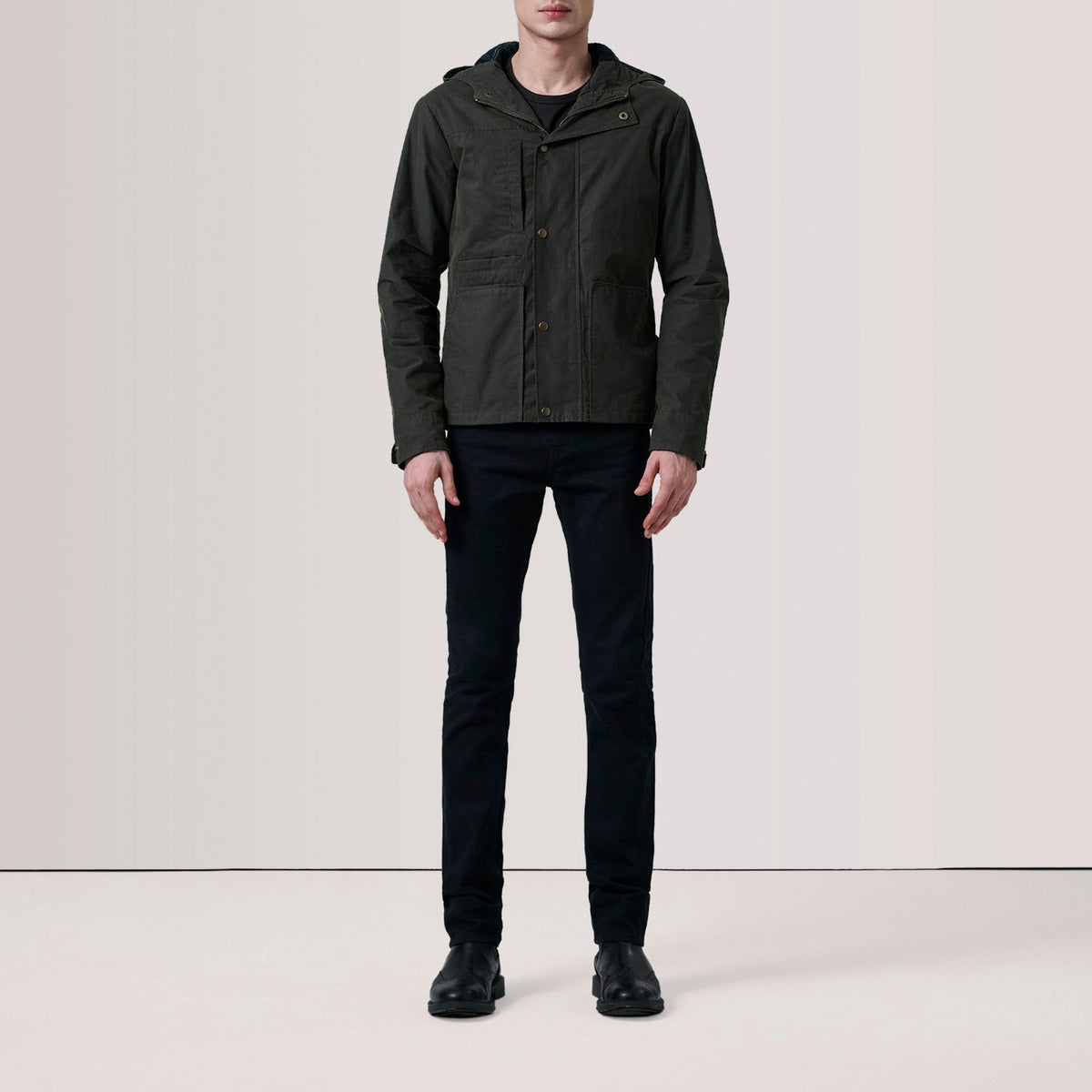
Olive Waxed Cotton Canvas Hooded Jacket - Back View Showing Tailored Shoulder Fit & Clean Hemline