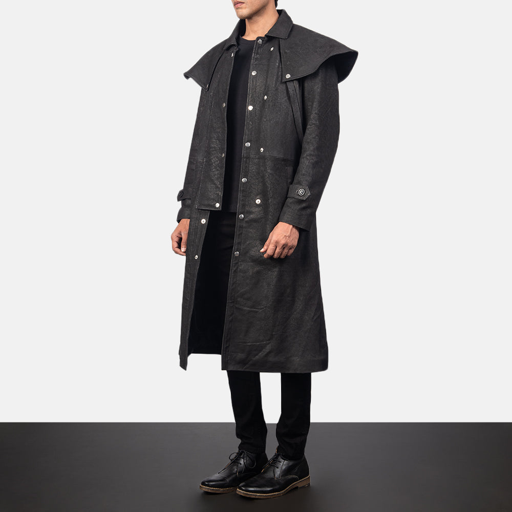 
Distressed Black Sheepskin Snuffed Trench Coat - Back View Showing Tailored Shoulder Fit & Clean Hemline