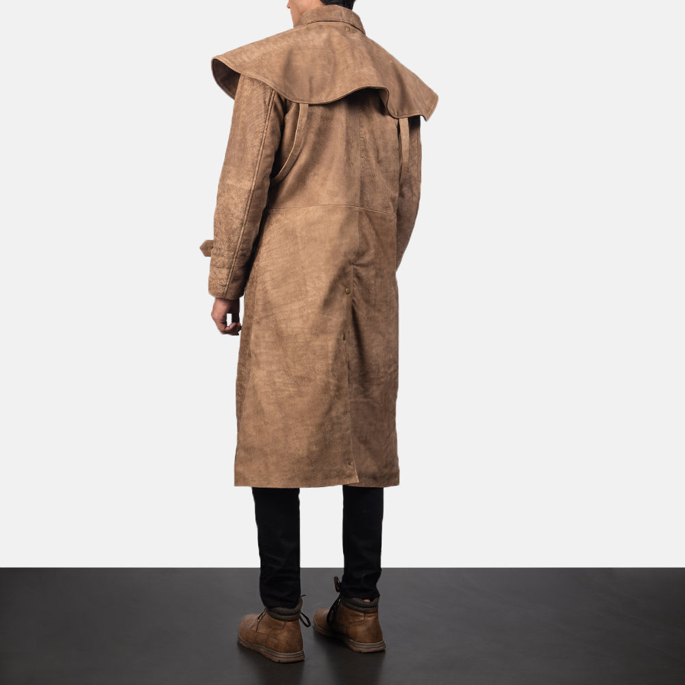 
Men's Maverick Brown Leather Duster - Lateral Side Profile View Showing Sleeve Cut & Athletic Taper Fit