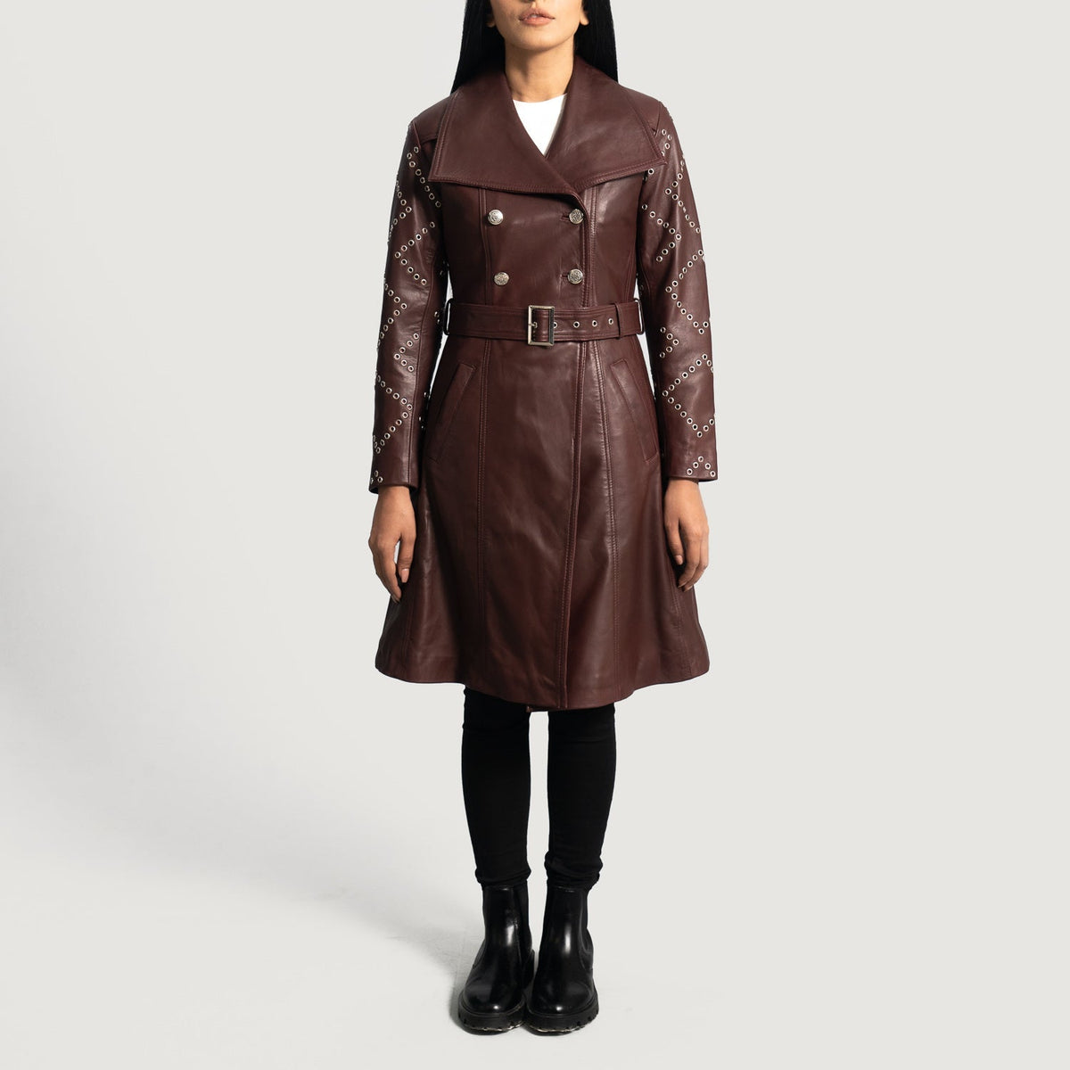 
Maroon Sheepskin Leather Trench Coat - Back View Showing Tailored Shoulder Fit & Clean Hemline