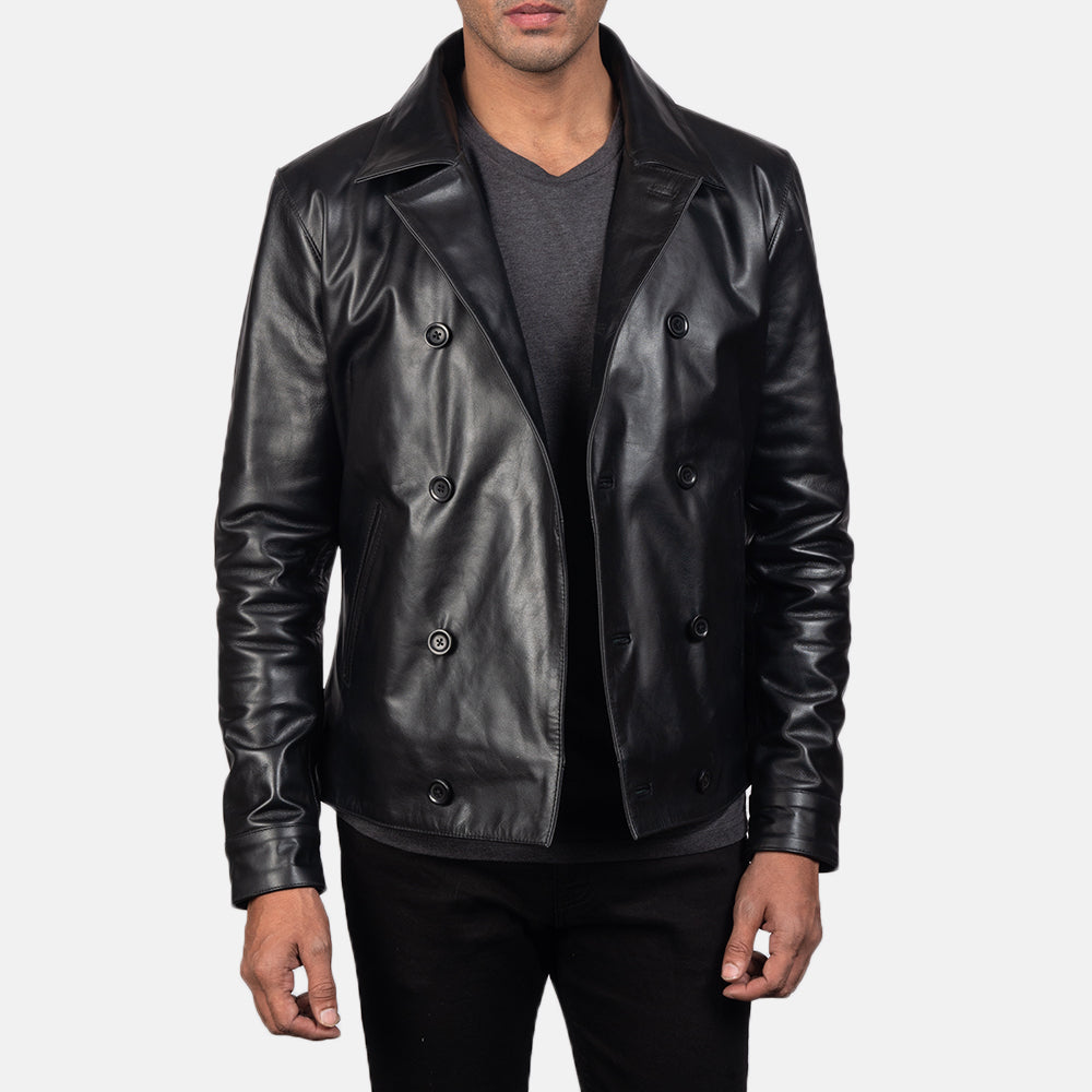 
Close-Up Detail of Notch & Buttons Hardware on Mod Black Leather Peacoat