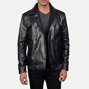 
Close-Up Detail of Notch & Buttons Hardware on Mod Black Leather Peacoat