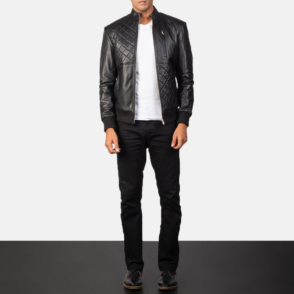 
Moda Black Leather Bomber Jacket - Lateral Side Profile View Showing Sleeve Cut & Athletic Taper Fit