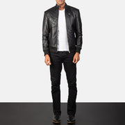 
Moda Black Leather Bomber Jacket - Lateral Side Profile View Showing Sleeve Cut & Athletic Taper Fit