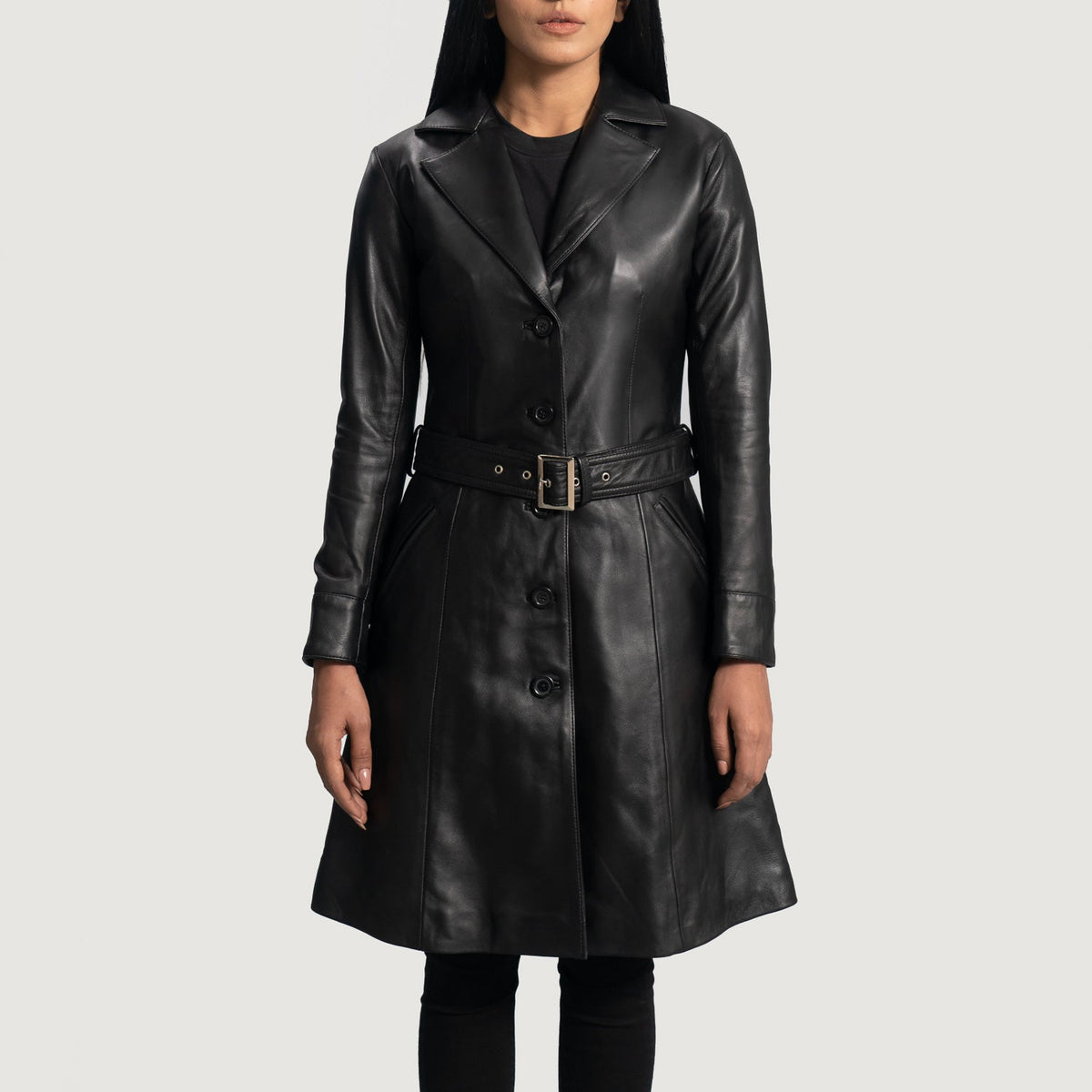 
Close-Up Detail of Notch & Button Hardware on Women's Moonlight Black Leather Trench Coat