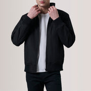 
Morrison Black Canvas Bomber Jacket For Men in Black Waxed Cotton Canvas - Front Profile View & Tailored Silhouette | Buy Online