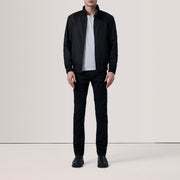
Black Waxed Cotton Canvas Bomber Jacket - Back View Showing Tailored Shoulder Fit & Clean Hemline