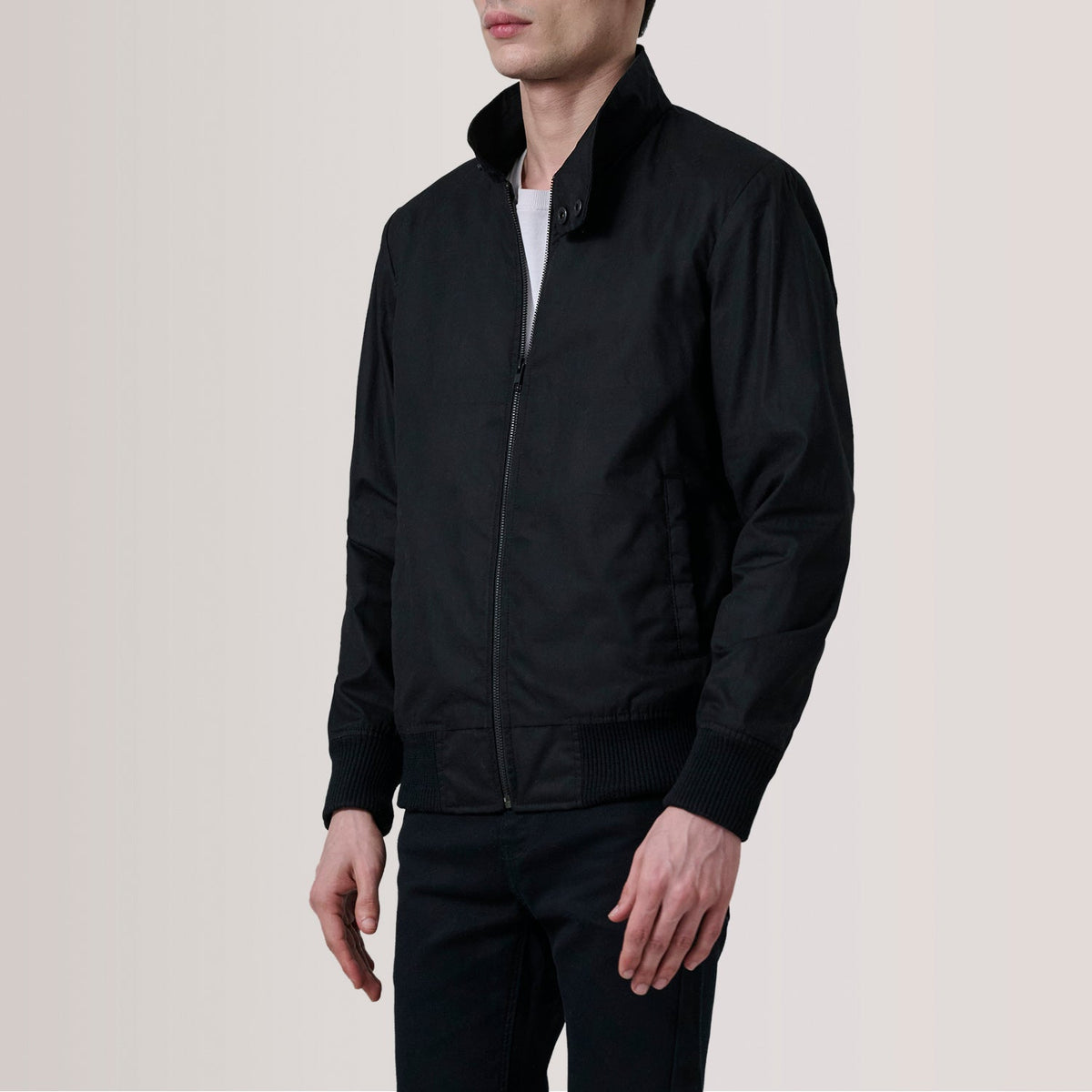 
Morrison Black Canvas Bomber Jacket For Men - Lateral Side Profile View Showing Sleeve Cut & Athletic Taper Fit