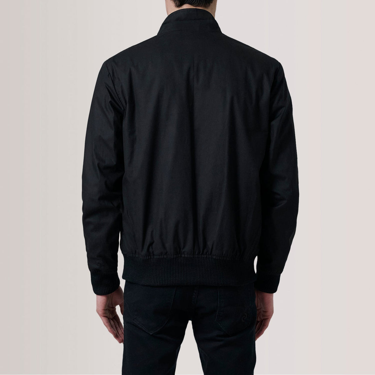 
Close-Up Detail of Snap Button & Zipper Hardware on Morrison Black Canvas Bomber Jacket For Men