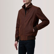 
Morrison Brown Canvas Bomber Jacket For Men - Lateral Side Profile View Showing Sleeve Cut & Athletic Taper Fit