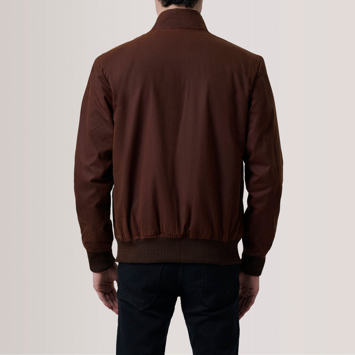 
Close-Up Detail of Snap Button & Zipper Hardware on Morrison Brown Canvas Bomber Jacket For Men