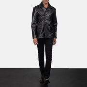 
Men's Mr. Bailey Black Leather Naval Peacoat - Lateral Side Profile View Showing Sleeve Cut & Athletic Taper Fit