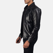 
Men's Mystical Black Leather Jacket - Lateral Side Profile View Showing Sleeve Cut & Athletic Taper Fit