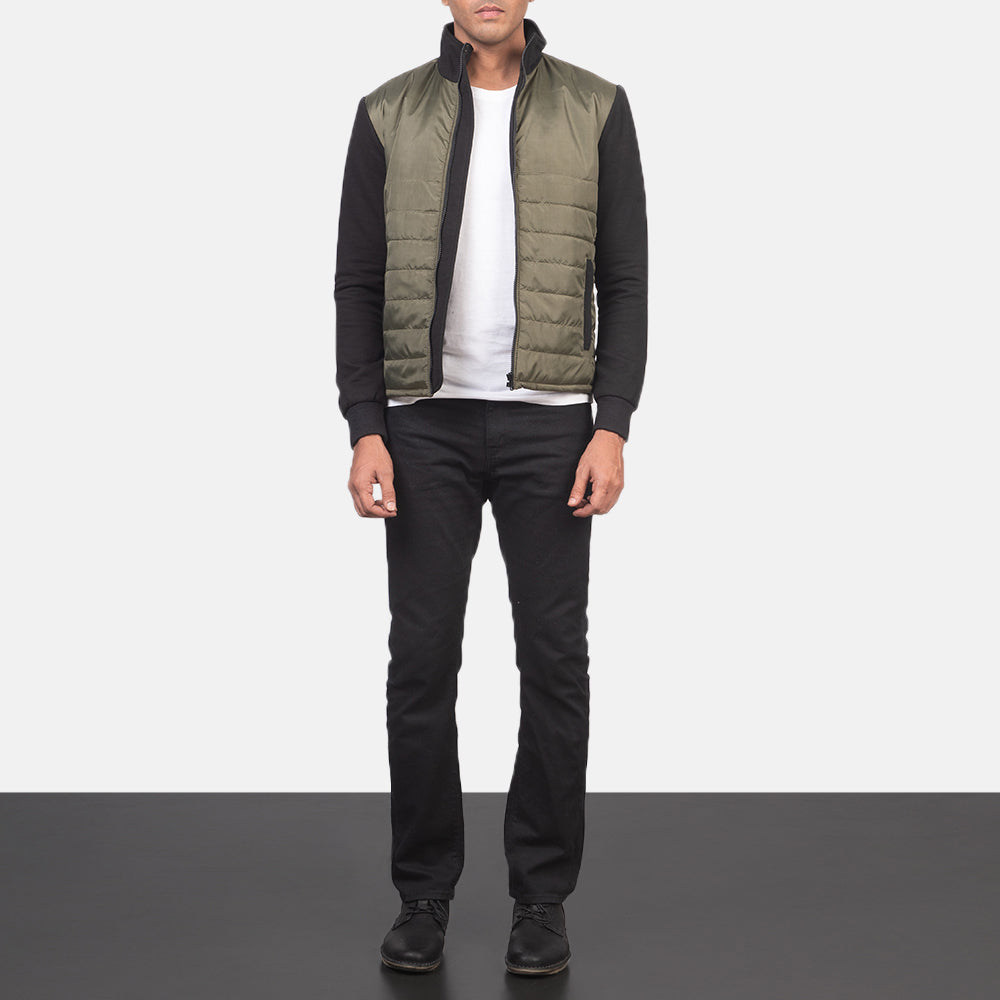 
Men's Nashville Quilted Green Windbreaker Jacket - Lateral Side Profile View Showing Sleeve Cut & Athletic Taper Fit