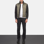 
Men's Nashville Quilted Green Windbreaker Jacket - Lateral Side Profile View Showing Sleeve Cut & Athletic Taper Fit