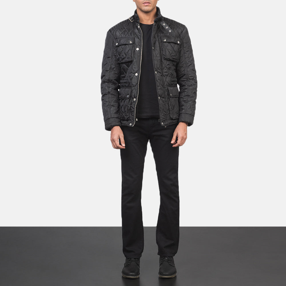 
Men's Nelson Quilted Black Windbreaker Jacket - Lateral Side Profile View Showing Sleeve Cut & Athletic Taper Fit