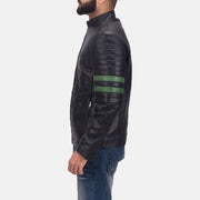 
Night Trooper Leather Jacket - Lateral Side Profile View Showing Sleeve Cut & Athletic Taper Fit