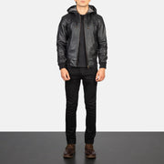 
Men's Nintenzo Black Hooded Leather Jacket - Lateral Side Profile View Showing Sleeve Cut & Athletic Taper Fit