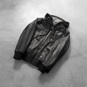 
Rib knit & Hem Craftsmanship Construction Detail on Men's Nintenzo Black Hooded Leather Jacket