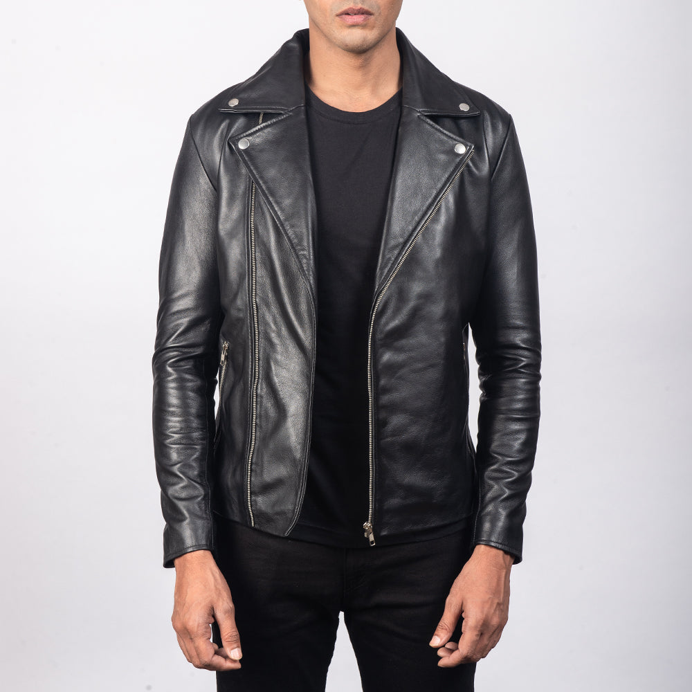 
Men's Noah Black Leather Biker Jacket in Black Sheepskin Leather - Front Profile View & Tailored Silhouette | Buy Online
