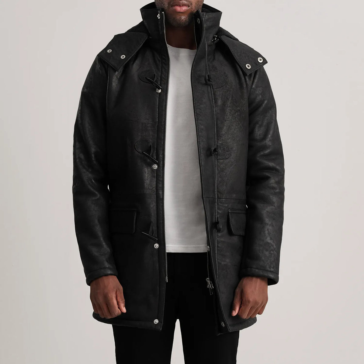 
Nolan Black Snuffed Leather Duffle Coat in Distressed Black Sheepskin Snuffed - Front Profile View & Tailored Silhouette | Buy Online