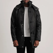 
Nolan Black Snuffed Leather Duffle Coat in Distressed Black Sheepskin Snuffed - Front Profile View & Tailored Silhouette | Buy Online