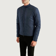 
Navy Blue Nylon Winter Jacket - Back View Showing Tailored Shoulder Fit & Clean Hemline