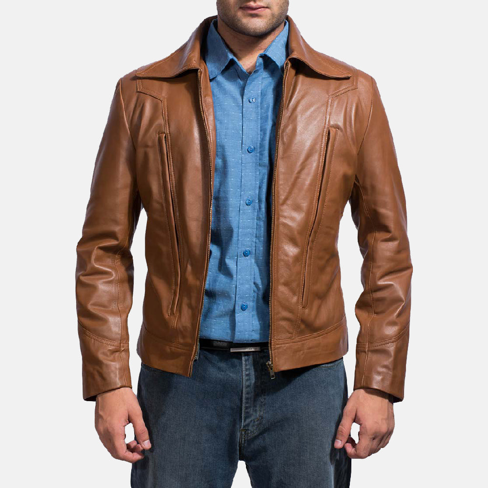 
Old School Brown Leather Jacket in Brown Sheepskin Leather - Front Profile View & Tailored Silhouette | Buy Online