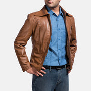 
Old School Brown Leather Jacket - Lateral Side Profile View Showing Sleeve Cut & Athletic Taper Fit