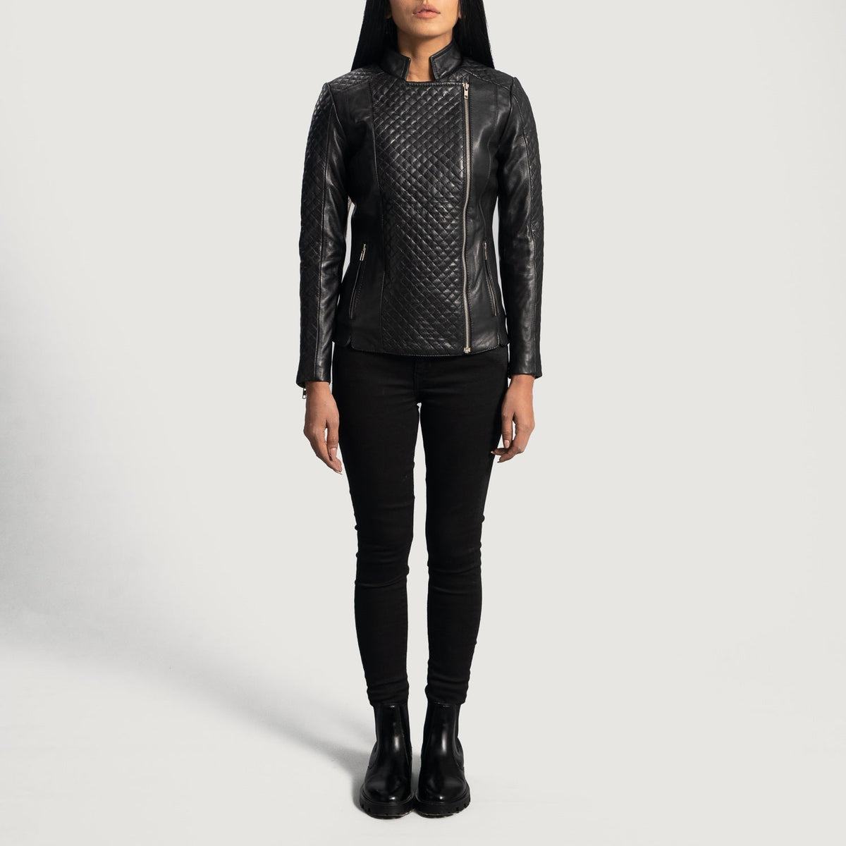 
Close-Up Detail of Band & Zipper Hardware on Women's Orient Grain Quilted Black Leather Biker Jacket
