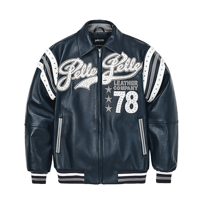 Encrusted Varsity Leather Jacket (Navy)