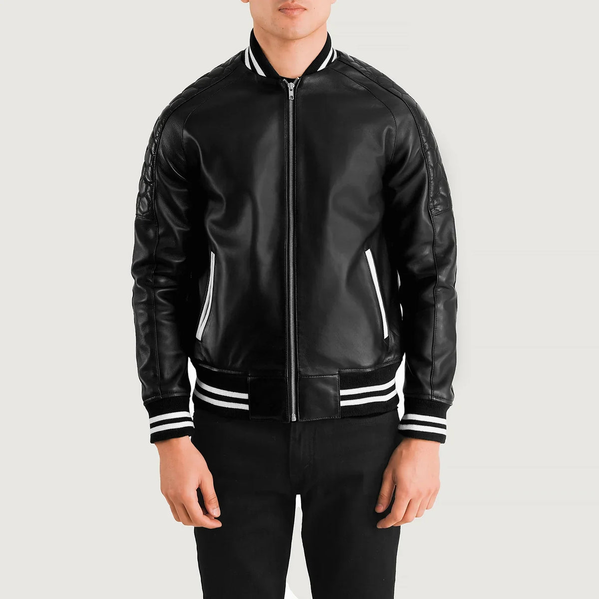 
Pascal Black Leather Varsity Jacket in Black Sheepskin Leather - Front Profile View & Tailored Silhouette | Buy Online