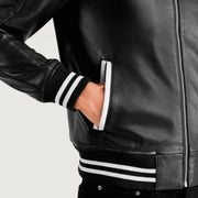 
Pascal Black Leather Varsity Jacket - Lateral Side Profile View Showing Sleeve Cut & Athletic Taper Fit