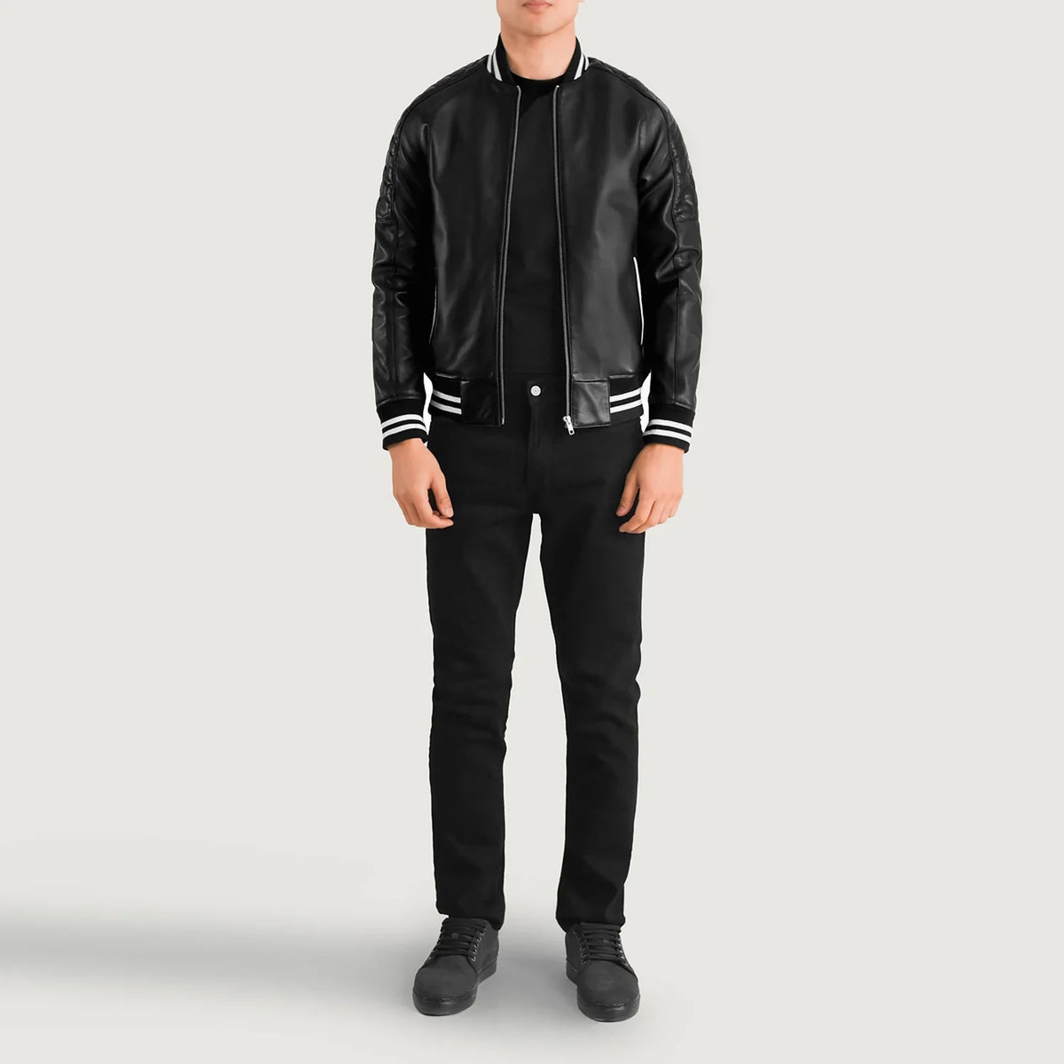 
Close-Up Detail of Varsity collar & Zipper Hardware on Pascal Black Leather Varsity Jacket