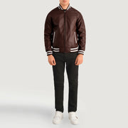
Pascal Maroon Leather Varsity Jacket - Lateral Side Profile View Showing Sleeve Cut & Athletic Taper Fit