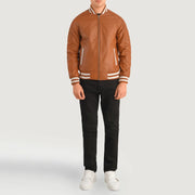 
Pascal Tan Brown Leather Varsity Jacket - Lateral Side Profile View Showing Sleeve Cut & Athletic Taper Fit