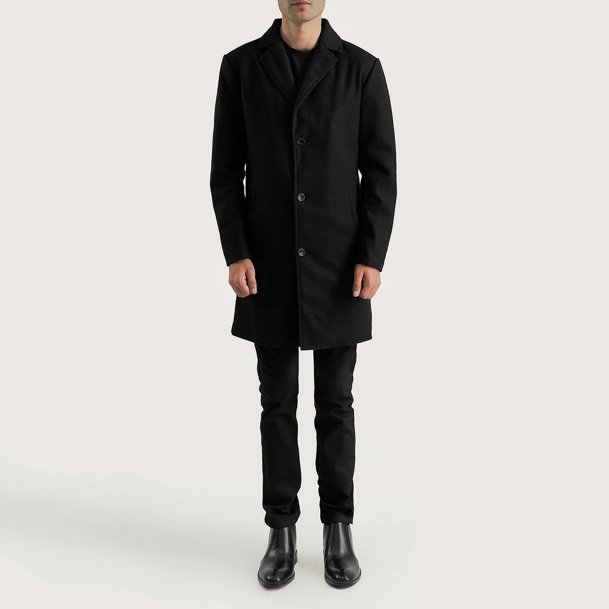 
Petrillo Black Wool Single Breasted Coat - Lateral Side Profile View Showing Sleeve Cut & Athletic Taper Fit