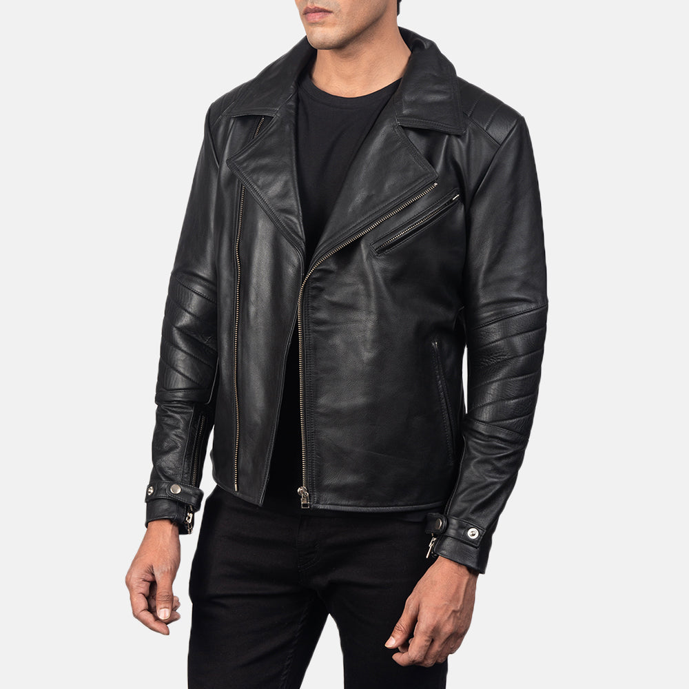 
Black Cowhide Leather Biker Jacket - Back View Showing Tailored Shoulder Fit & Clean Hemline