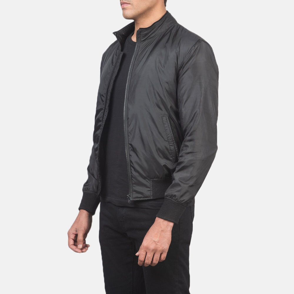 
Black Nylon Bomber Jacket - Back View Showing Tailored Shoulder Fit & Clean Hemline