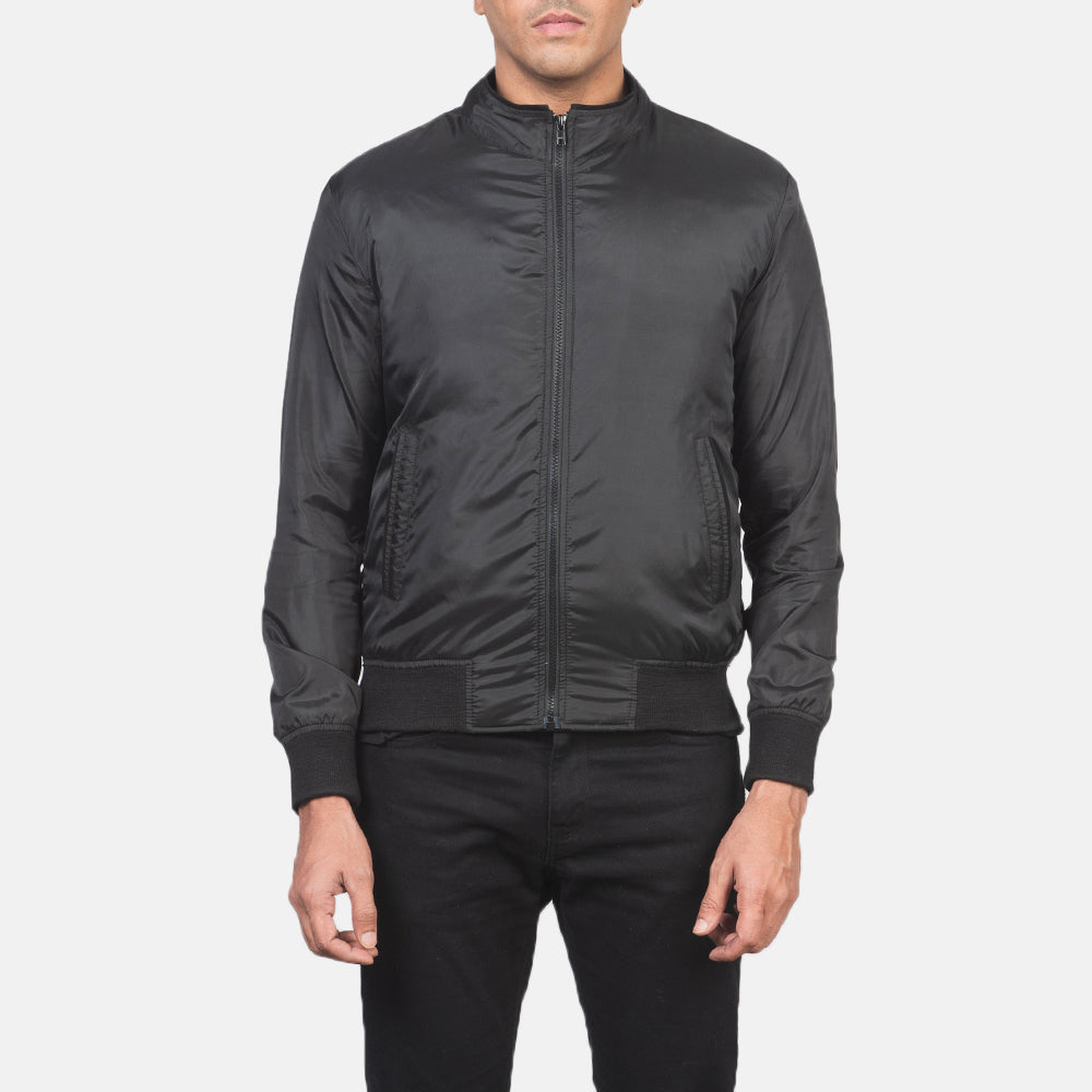
Close-Up Detail of Band & Zipper with wind flap Hardware on Men's Ramon Black Bomber Jacket