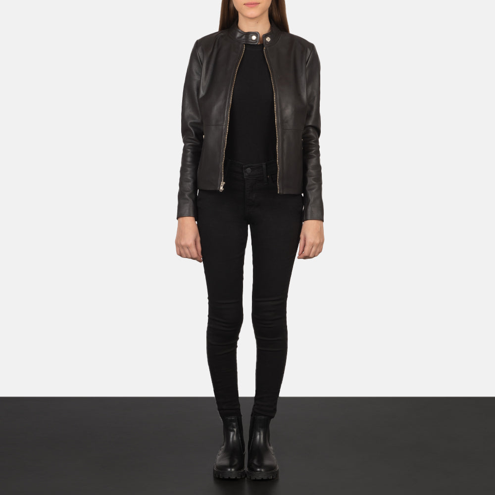 
Women's Rave Brown Leather Biker Jacket - Lateral Side Profile View Showing Sleeve Cut & Athletic Taper Fit