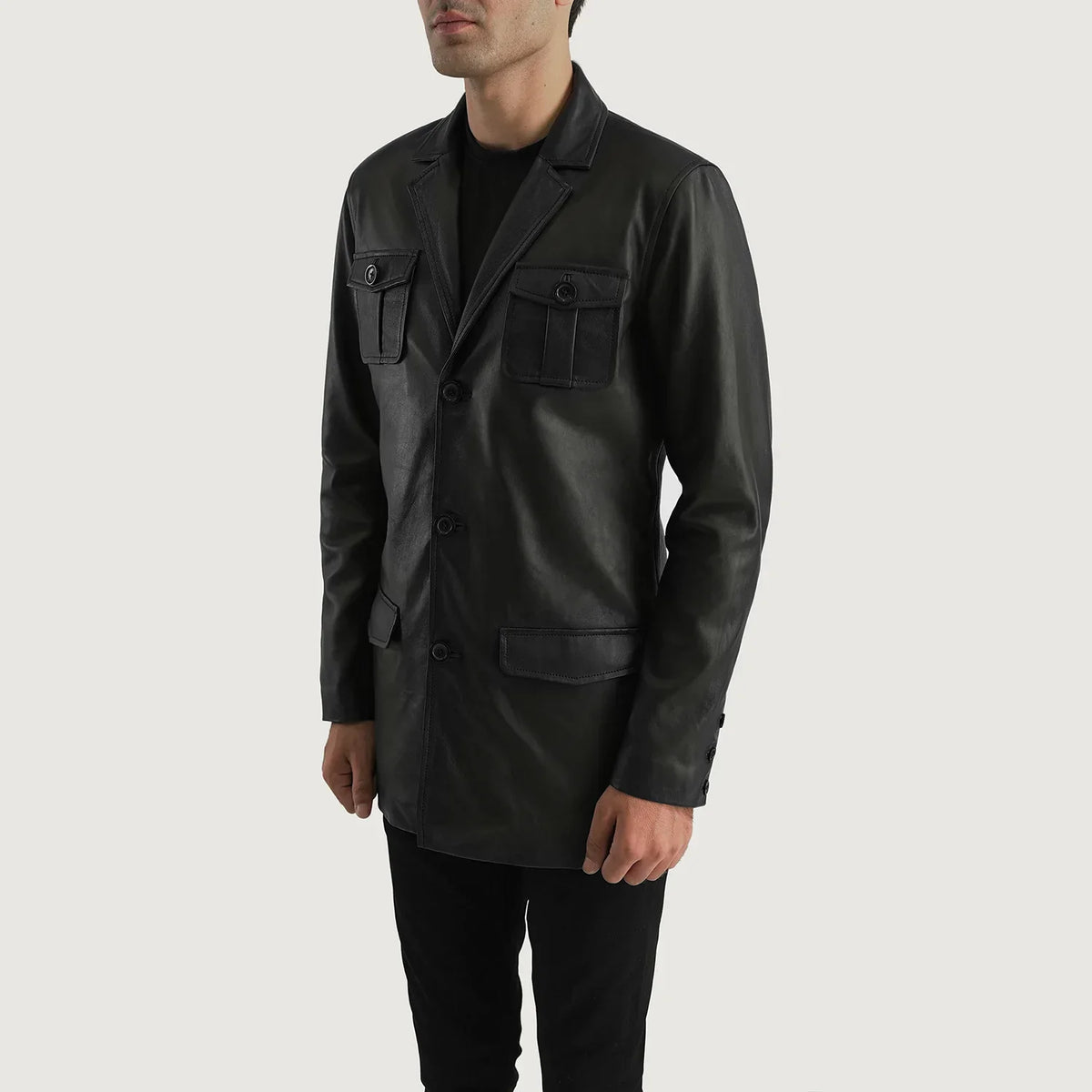 
Black Sheepskin leather Blazer - Back View Showing Tailored Shoulder Fit & Clean Hemline