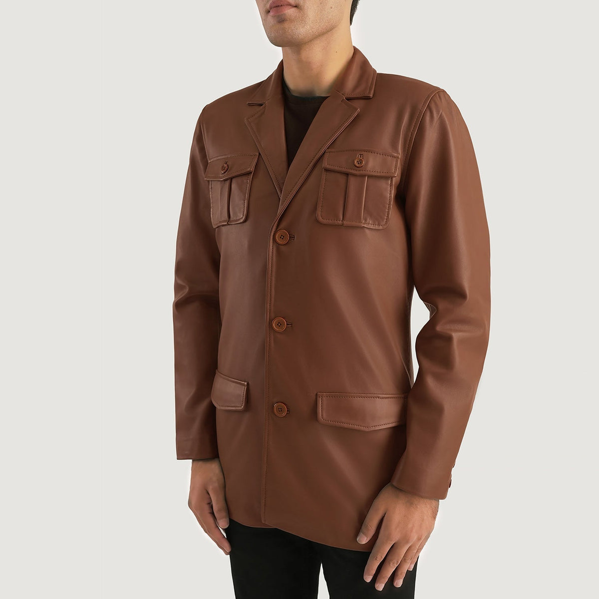 
Styled Fit Perspective of Ray Cutler Black Leather Blazer on Model - Natural Daylight Drape