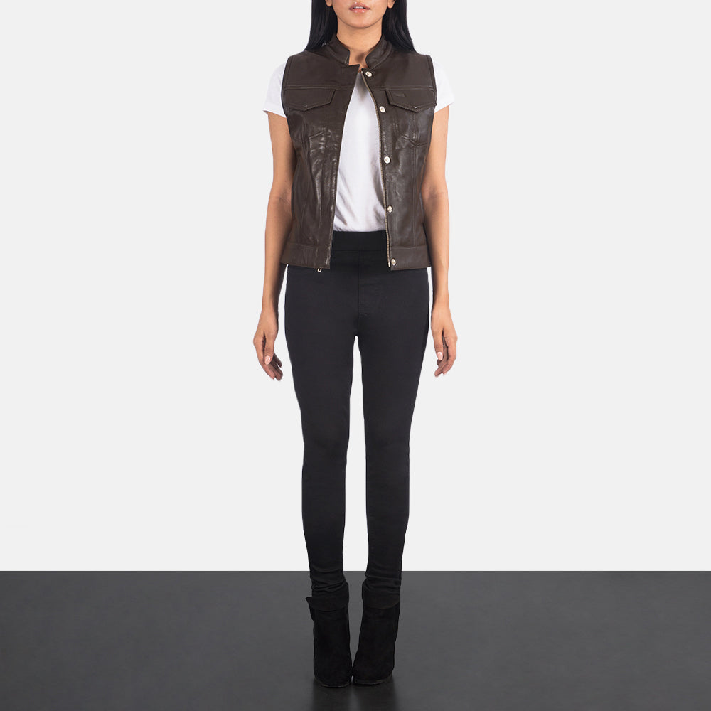 
Women's Rayne Moto Brown Leather Vest - Lateral Side Profile View Showing Sleeve Cut & Athletic Taper Fit