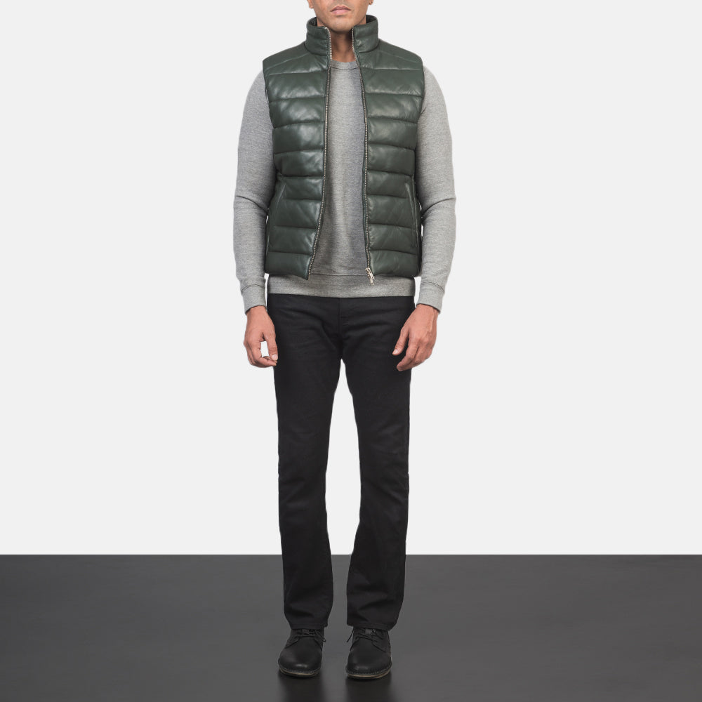 
Men's Reeves Green Leather Puffer Vest - Lateral Side Profile View Showing Sleeve Cut & Athletic Taper Fit