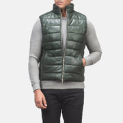 
Close-Up Detail of Classic Collar & Zipper with Dual Puller Hardware on Men's Reeves Green Leather Puffer Vest
